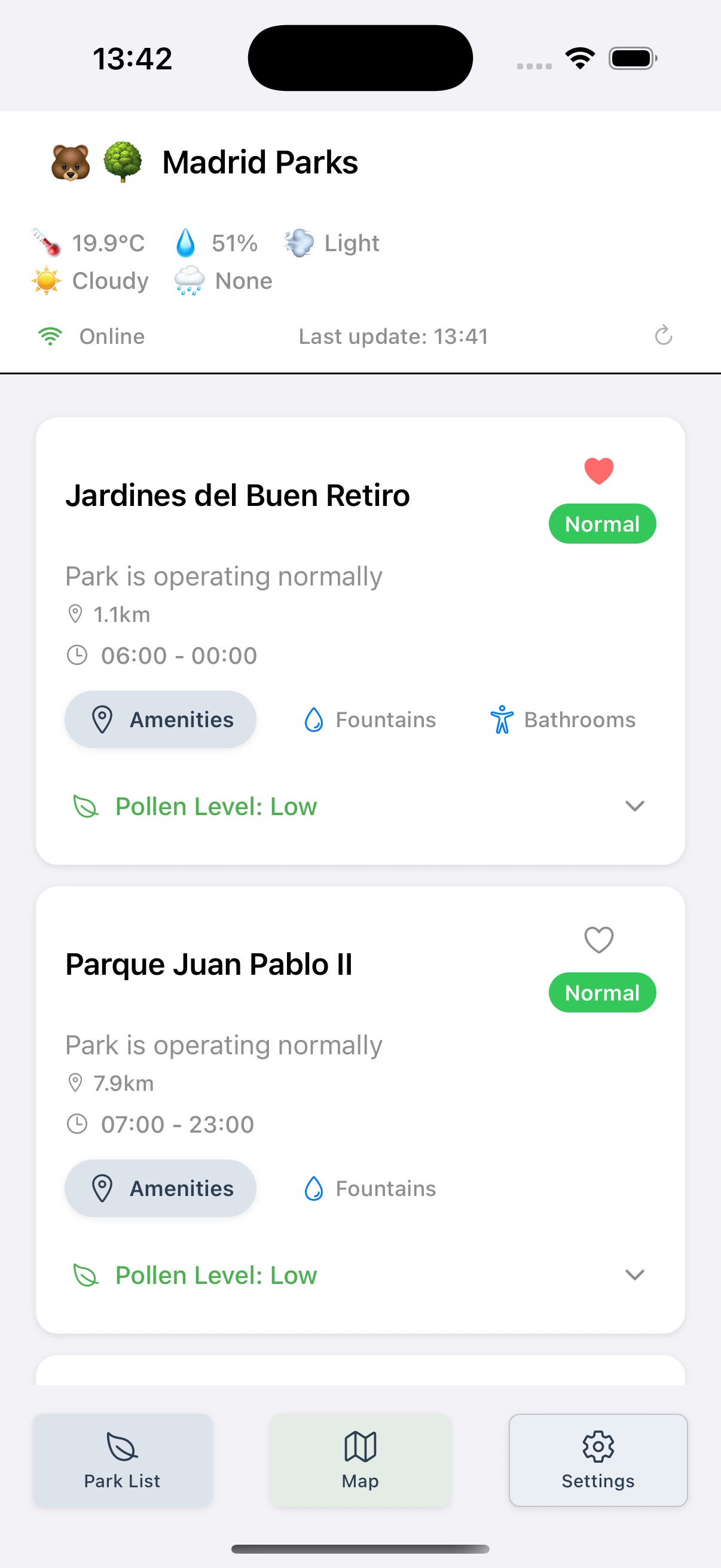 Main app interface showing park list and weather information
